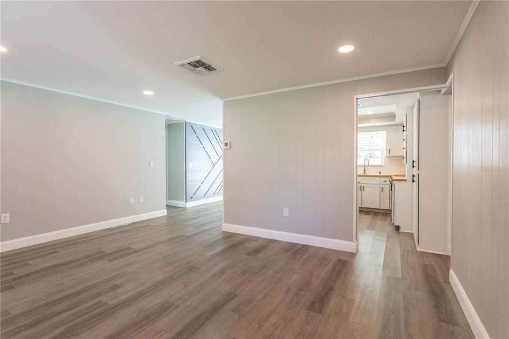 Empty room, Interior, Kitchen, Recessed Lighting, Wood Texture Flooring