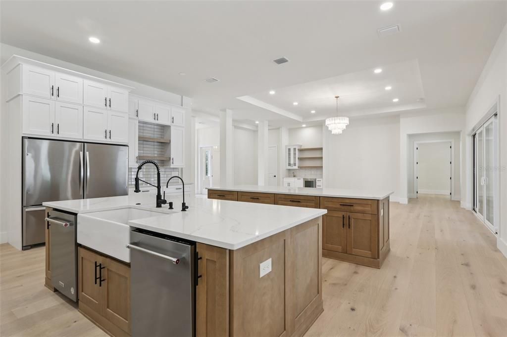 Chandelier, Interior, Kitchen, Recessed Lighting, Stainless Steel Appliances, Wood Texture Flooring