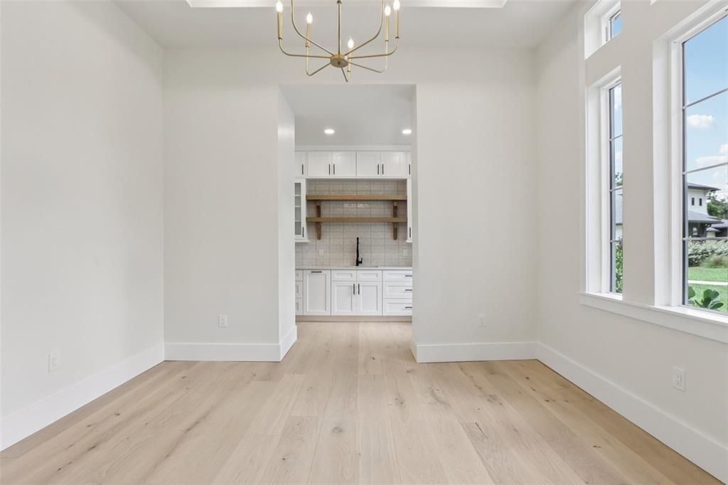 Empty room, Interior, Pendant Lights, Recessed Lighting, Wood Texture Flooring