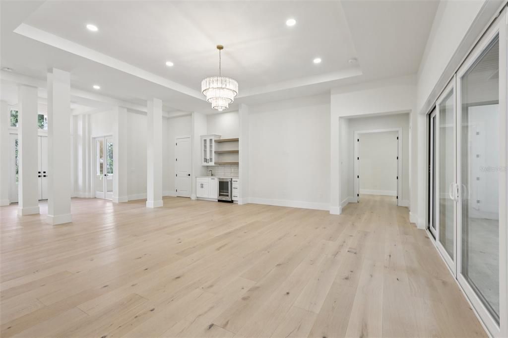 Chandelier, Empty room, Interior, Kitchen, Recessed Lighting, Wood Texture Flooring