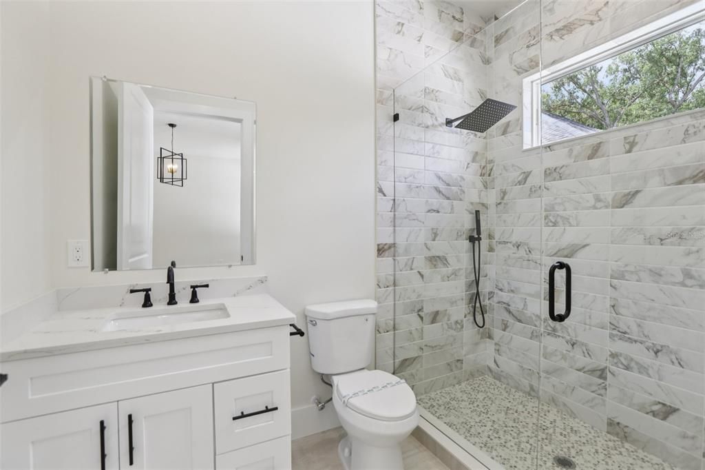 Bathroom, Glass Shower, Interior, Marble Walls, Pendant Lights