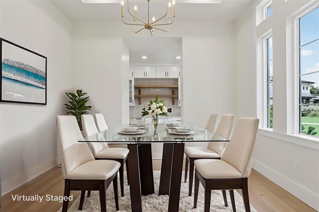 Chandelier, Dining room, Interior, Recessed Lighting, Wood Texture Flooring