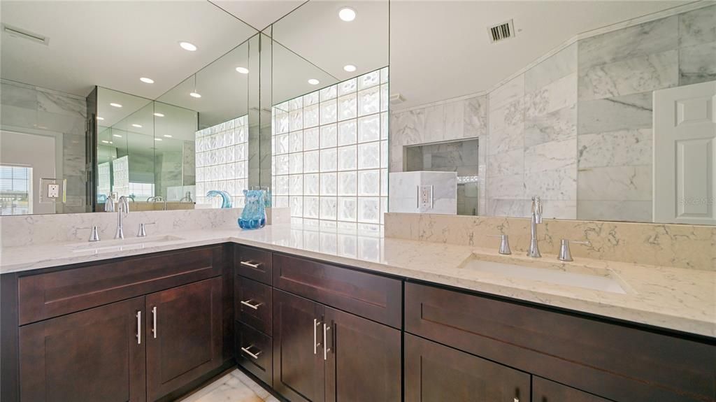 Bathroom, Dual Sink Vanities, Interior, Marble, Marble Walls, Recessed Lighting