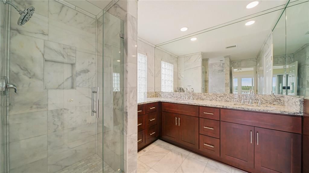 Bathroom, Glass Shower, Interior, Marble, Marble Walls, Recessed Lighting