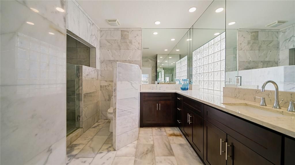 Bathroom, Dual Sink Vanities, Interior, Marble, Marble Walls, Recessed Lighting