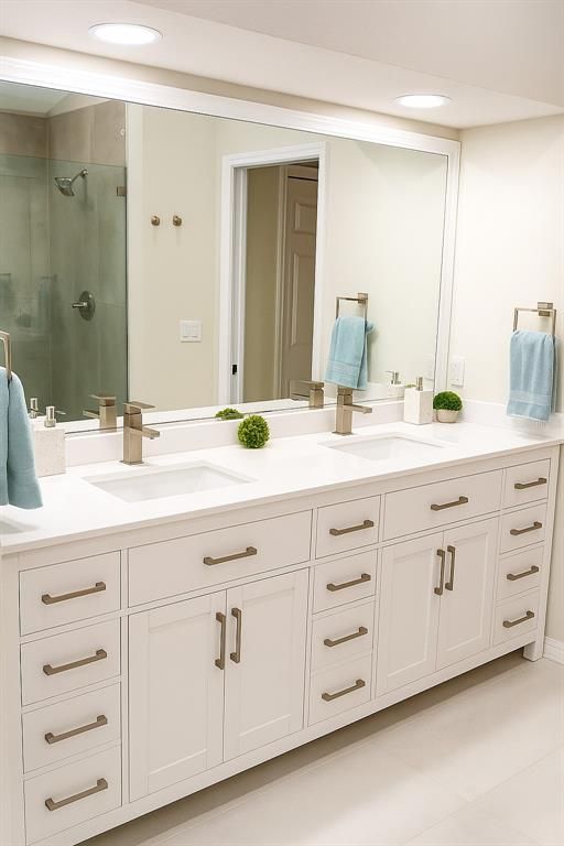 Bathroom, Dual Sink Vanities, Glass Shower, Interior, Recessed Lighting