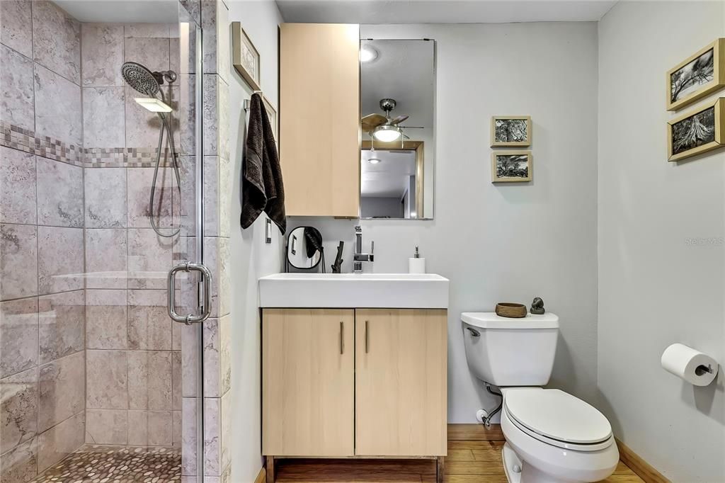 Bathroom, Glass Shower, Interior, Wood Texture Flooring