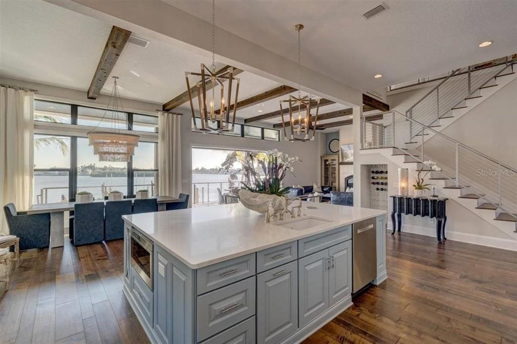 Dining room, Interior, Kitchen, Pendant Lights, Recessed Lighting, Water, Wooden Beams, Wood Texture Flooring