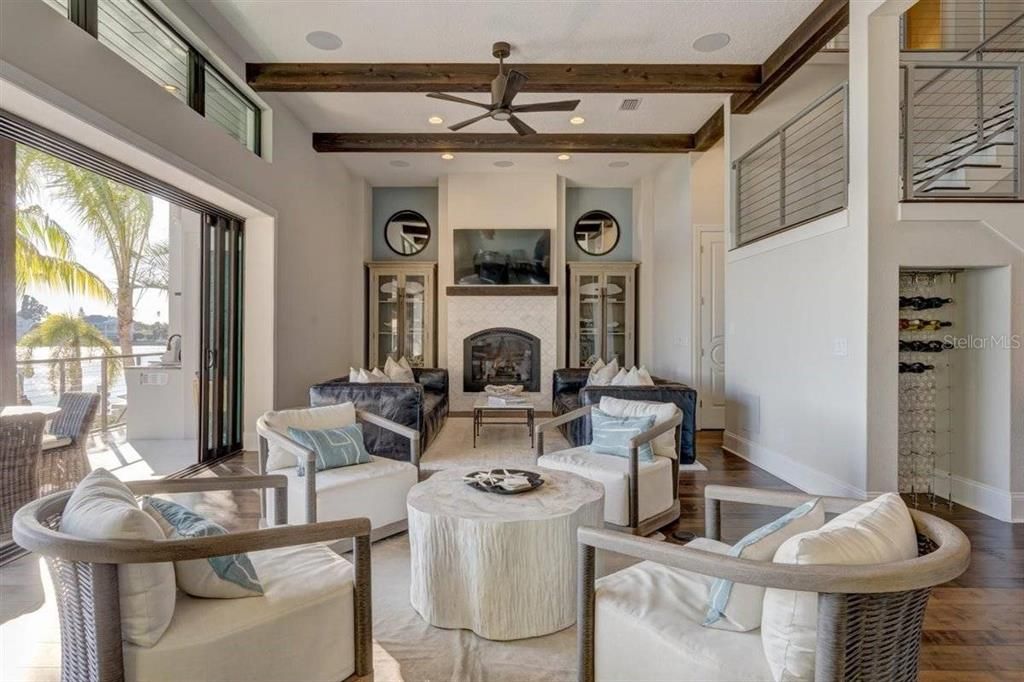 Fireplace, Interior, Living room, Recessed Lighting, Wooden Beams, Wood Texture Flooring