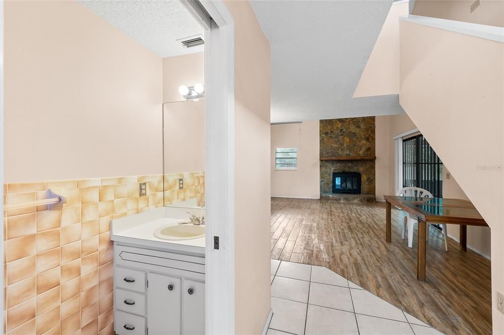 Bathroom, Fireplace, Interior, Wood Texture Flooring
