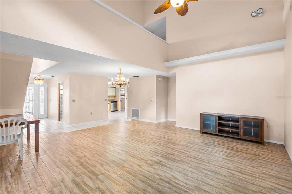 Chandelier, Empty room, Interior, Kitchen, Wood Texture Flooring