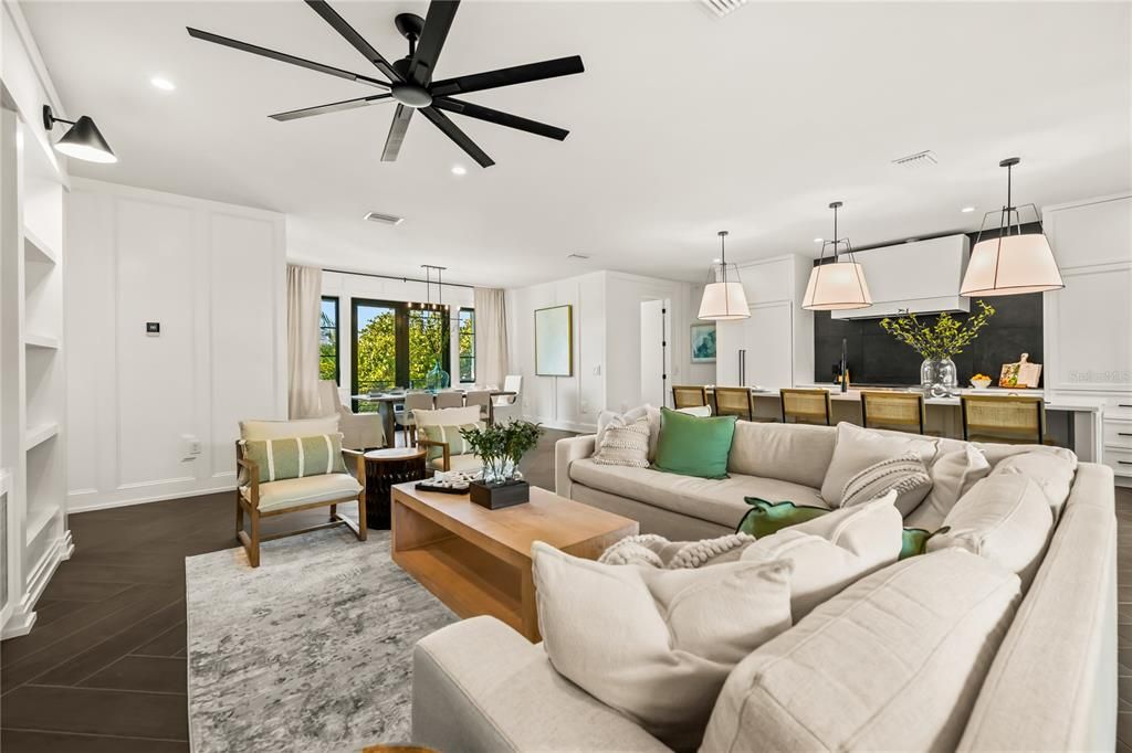 Interior, Kitchen, Living room, Pendant Lights, Recessed Lighting, Wood Texture Flooring