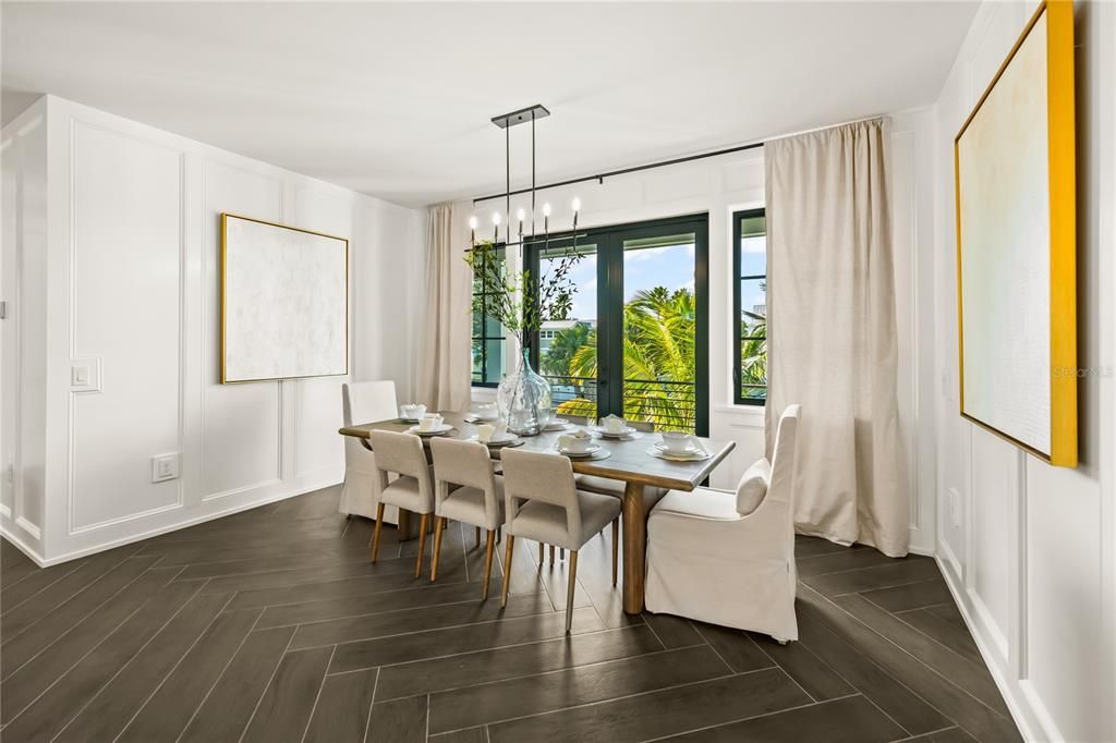Dining room, Interior, Pendant Lights, Wood Texture Flooring