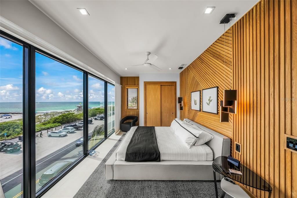 Bedroom, Interior, Recessed Lighting, Water, Wooden Walls