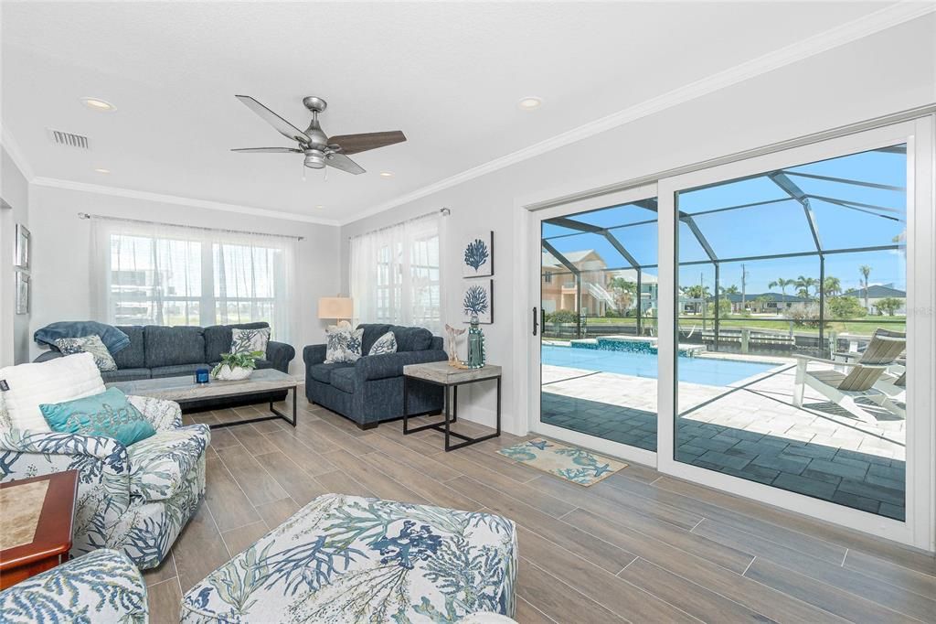 Glass Ceilings, Interior, Living room, Pool, Recessed Lighting, Sun Room, Wood Texture Flooring