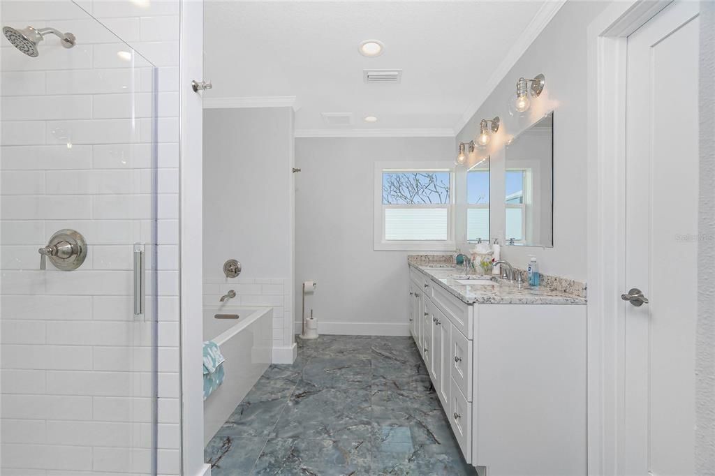 Bathroom, Dual Sink Vanities, Glass Shower, Interior, Recessed Lighting