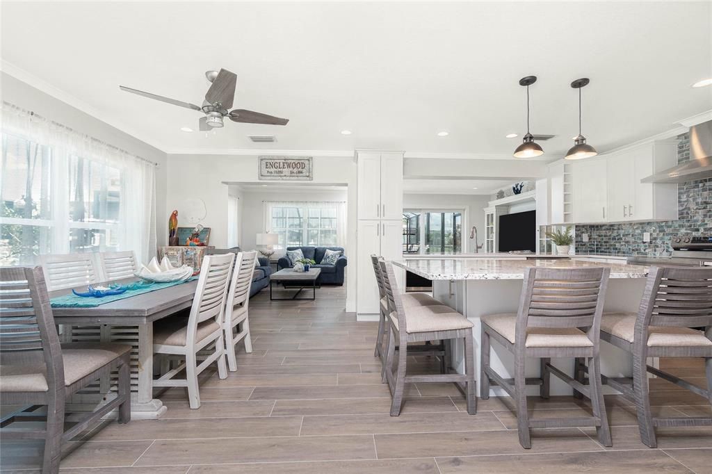 Dining room, Interior, Kitchen, Living room, Pendant Lights, Recessed Lighting, Wood Texture Flooring