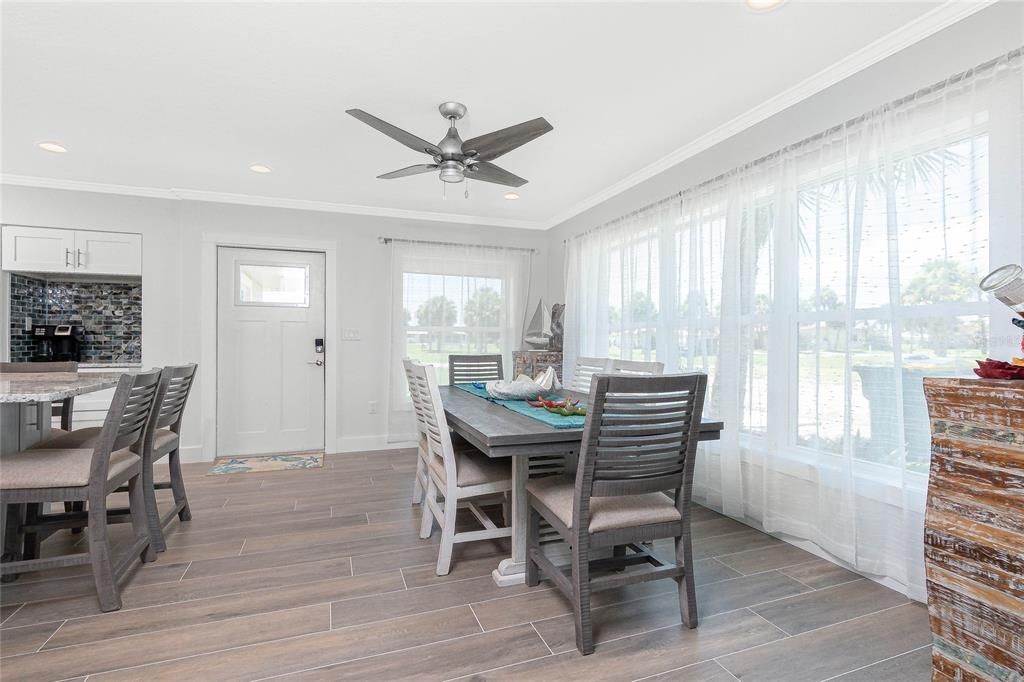 Dining room, Interior, Recessed Lighting, Wood Texture Flooring