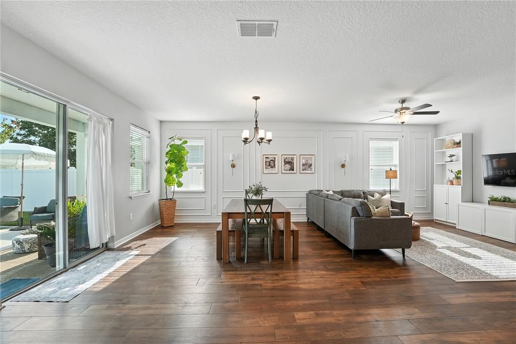 Dining room, Interior, Living room, Pendant Lights, Wood Texture Flooring