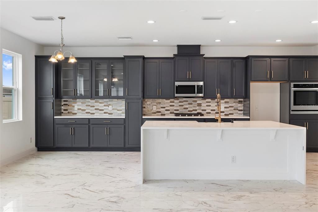 Interior, Kitchen, Marble, Pendant Lights, Recessed Lighting, Stainless Steel Appliances