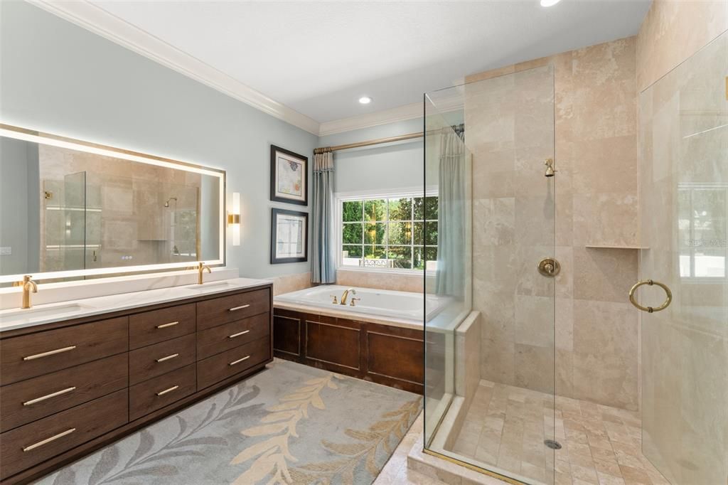 Bathroom, Dual Sink Vanities, Glass Shower, Interior, Recessed Lighting