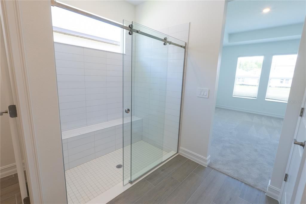 Bathroom, Glass Shower, Interior, Recessed Lighting, Wood Texture Flooring