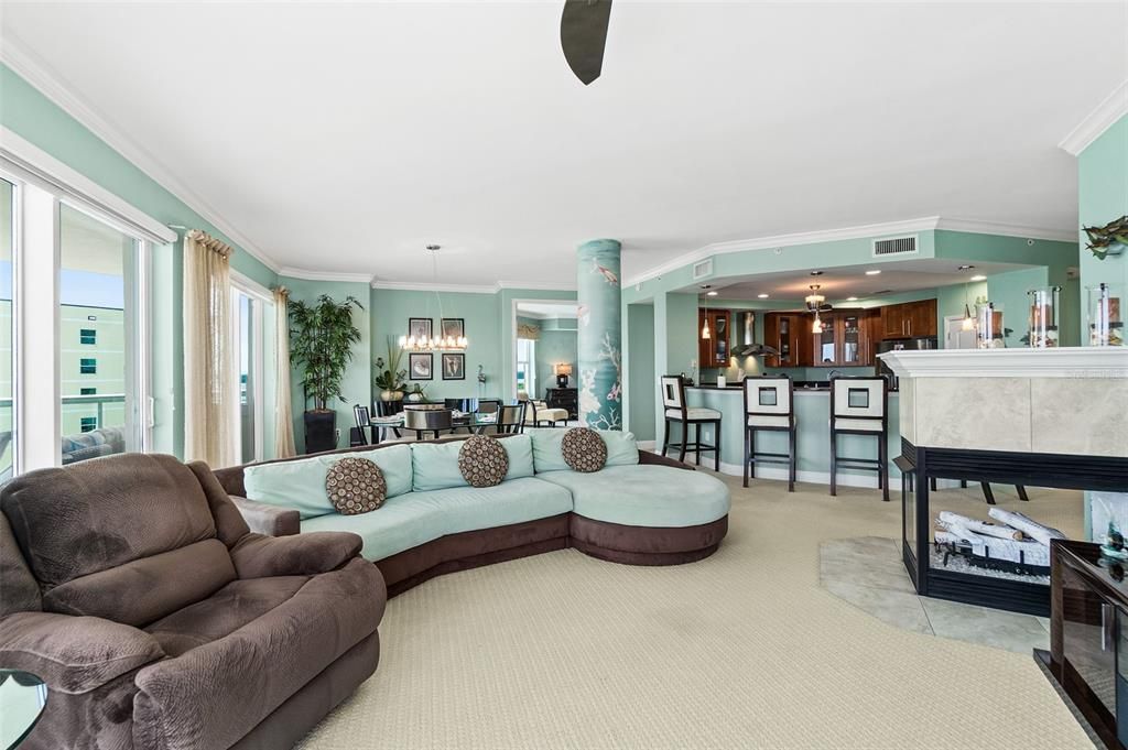 Dining room, Fireplace, Interior, Kitchen, Living room, Pendant Lights, Recessed Lighting