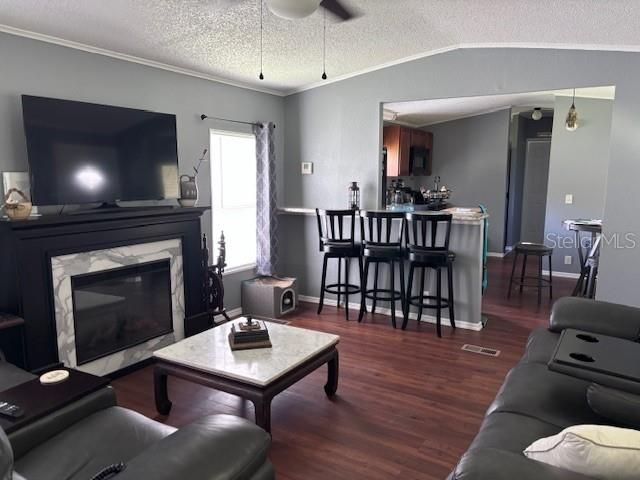 Home Theatre Room, Fireplace, Interior, Kitchen, Living room, Pendant Lights, Wood Texture Flooring