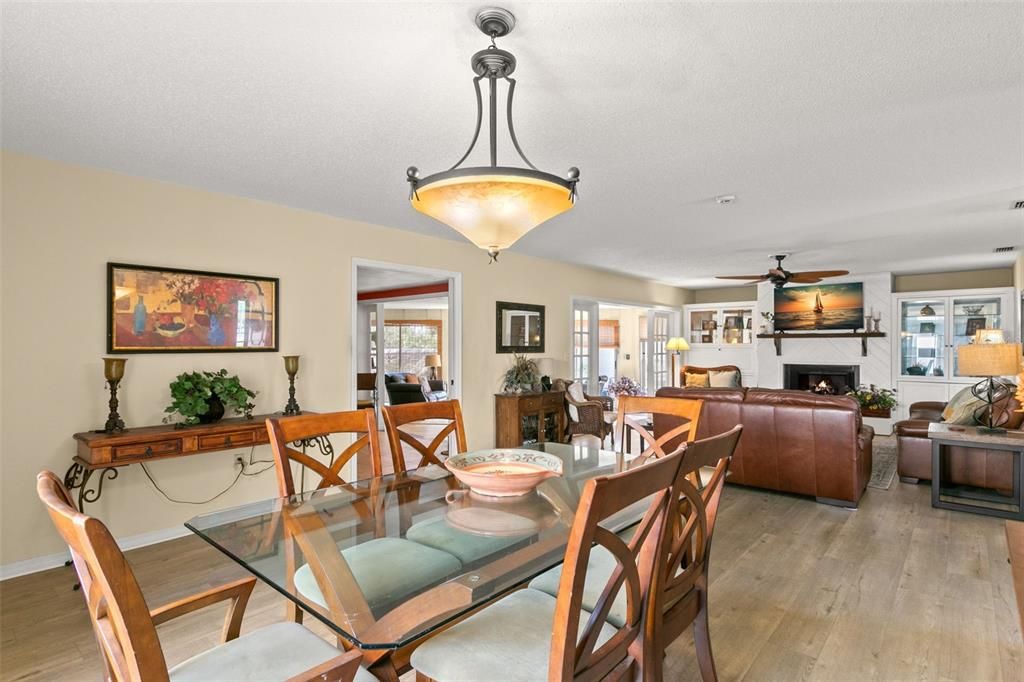 Dining room, Fireplace, Interior, Living room, Pendant Lights, Wood Texture Flooring