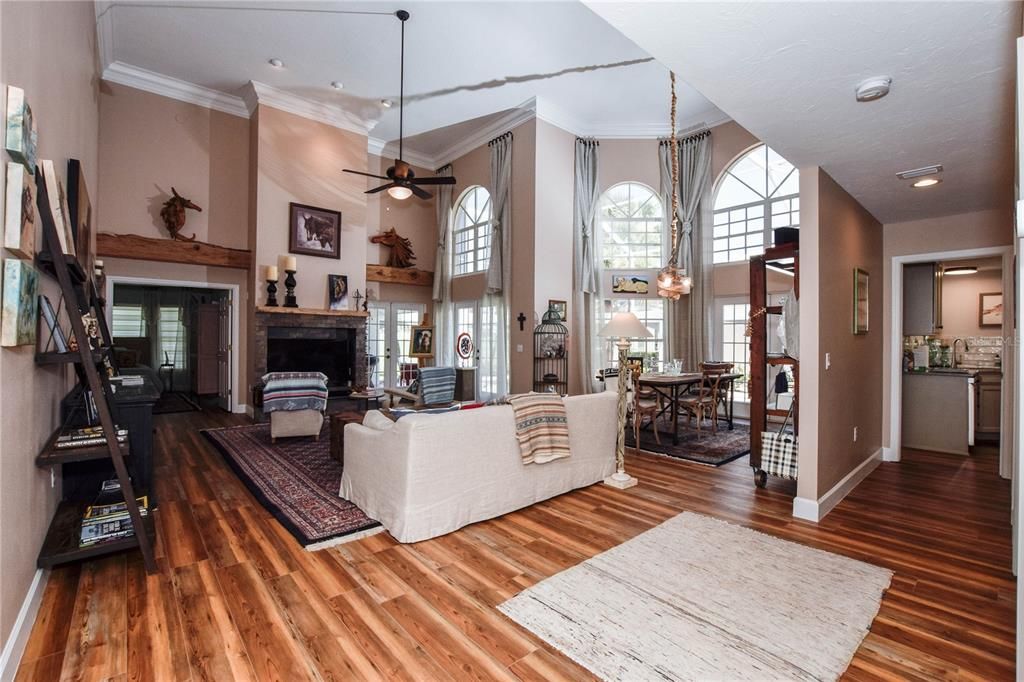 Dining room, Fireplace, Interior, Living room, Recessed Lighting, Wood Texture Flooring