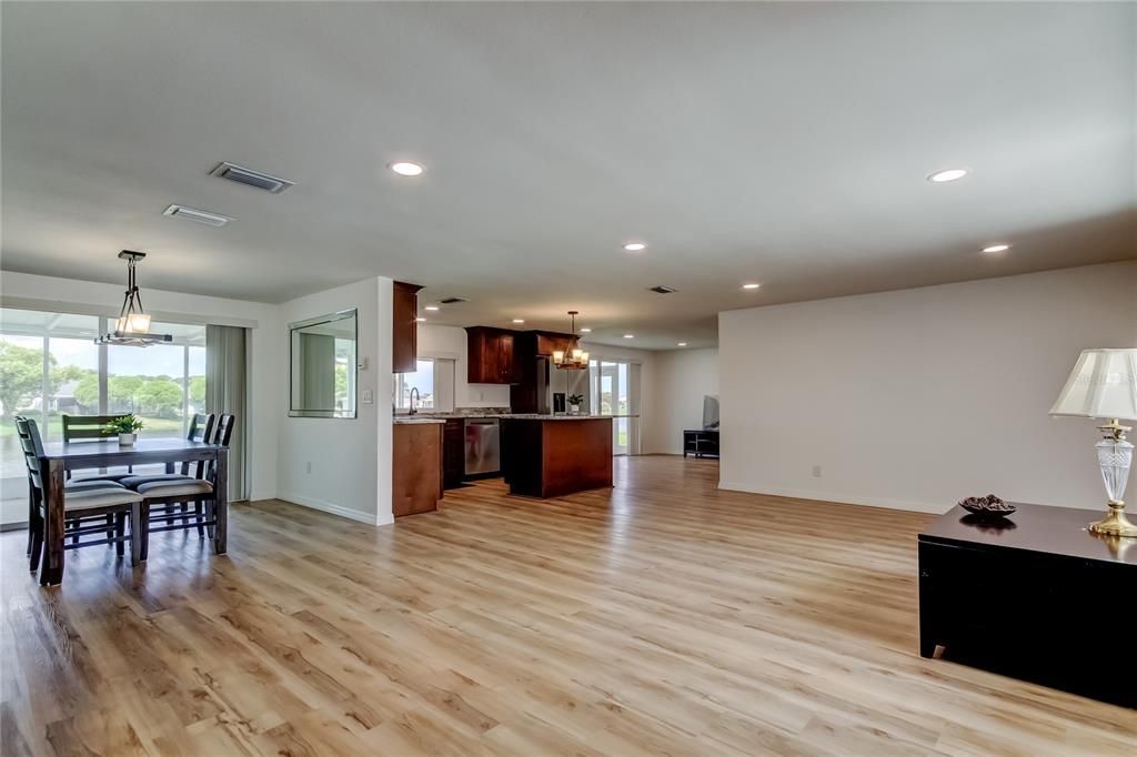 Dining room, Interior, Kitchen, Pendant Lights, Recessed Lighting, Wood Texture Flooring