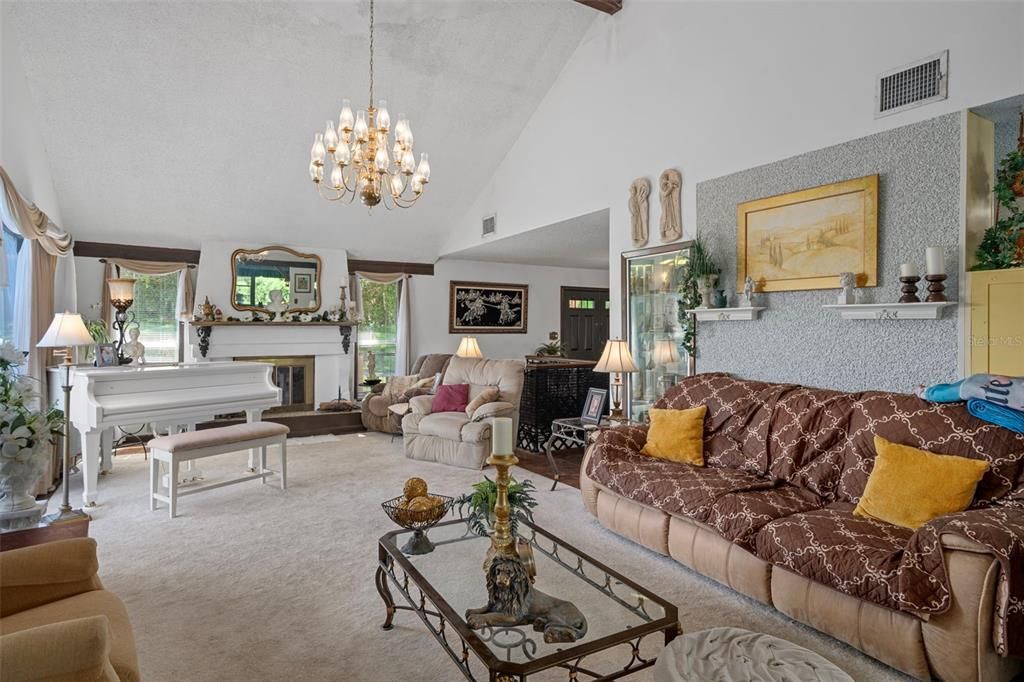 Chandelier, Fireplace, Interior, Living room, Piano