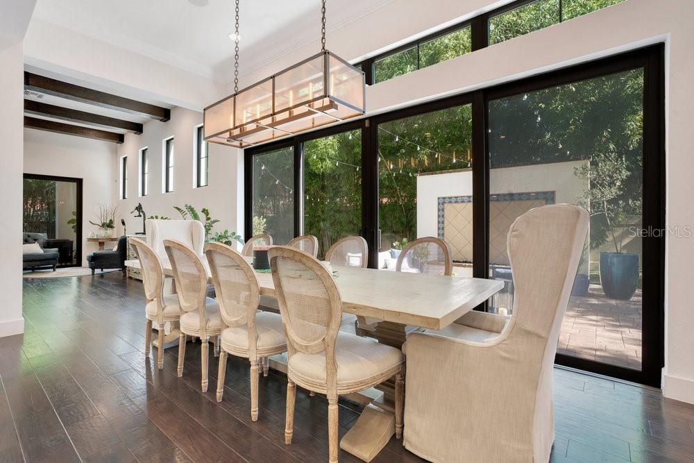 Dining room, Interior, Pendant Lights, Wooden Beams, Wood Texture Flooring