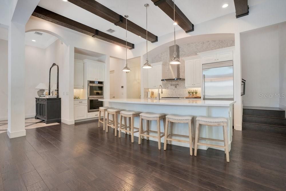 Interior, Kitchen, Pendant Lights, Recessed Lighting, Stainless Steel Appliances, Wooden Beams, Wood Texture Flooring