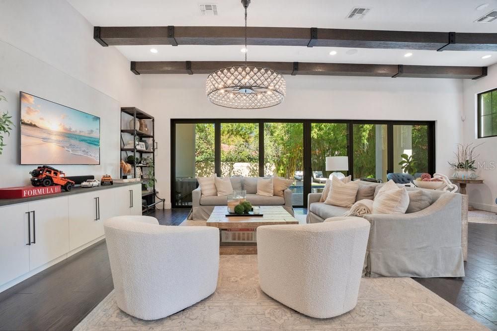 Interior, Living room, Pendant Lights, Recessed Lighting, Wooden Beams, Wood Texture Flooring