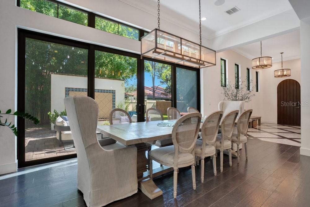 Dining room, Interior, Pendant Lights, Recessed Lighting, Wood Texture Flooring