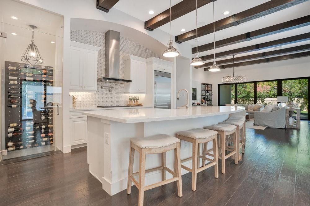 Interior, Kitchen, Living room, Pendant Lights, Recessed Lighting, Stainless Steel Appliances, Wooden Beams, Wood Texture Flooring
