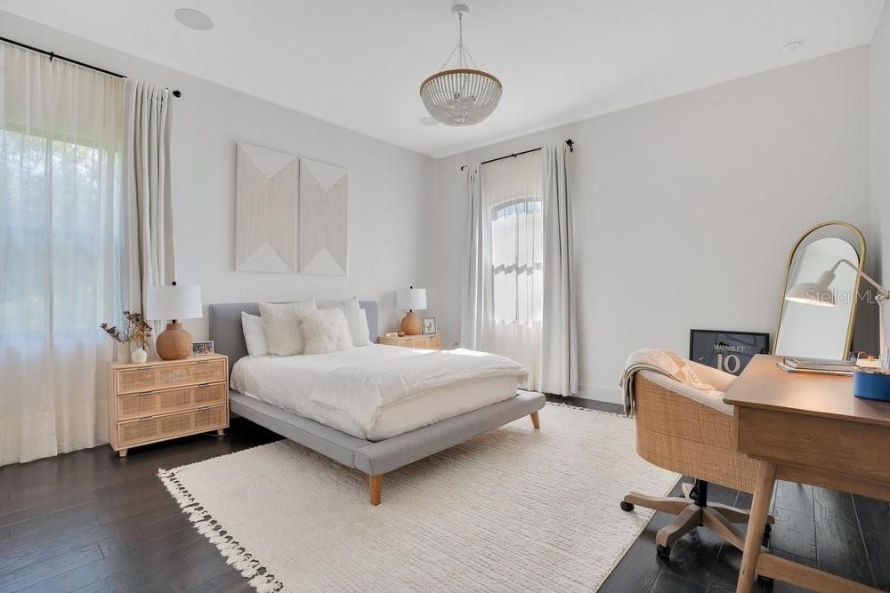 Bedroom, Home Office, Interior, Pendant Lights, Wood Texture Flooring