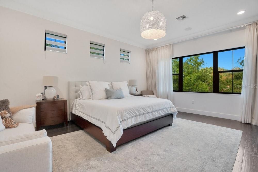 Bedroom, Interior, Pendant Lights, Recessed Lighting, Wood Texture Flooring