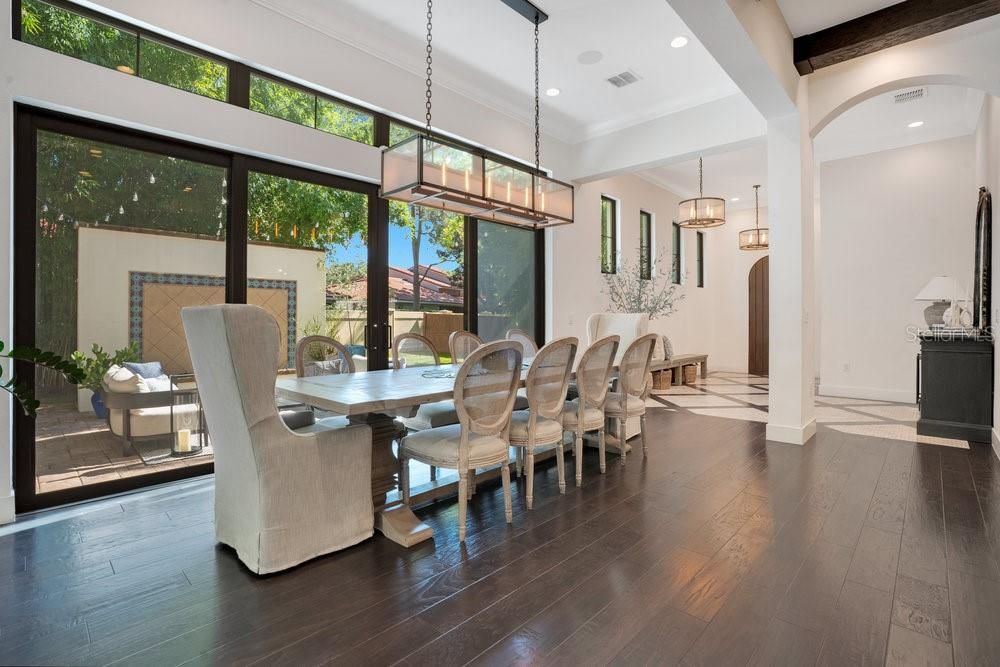 Dining room, Interior, Pendant Lights, Recessed Lighting, Wood Texture Flooring