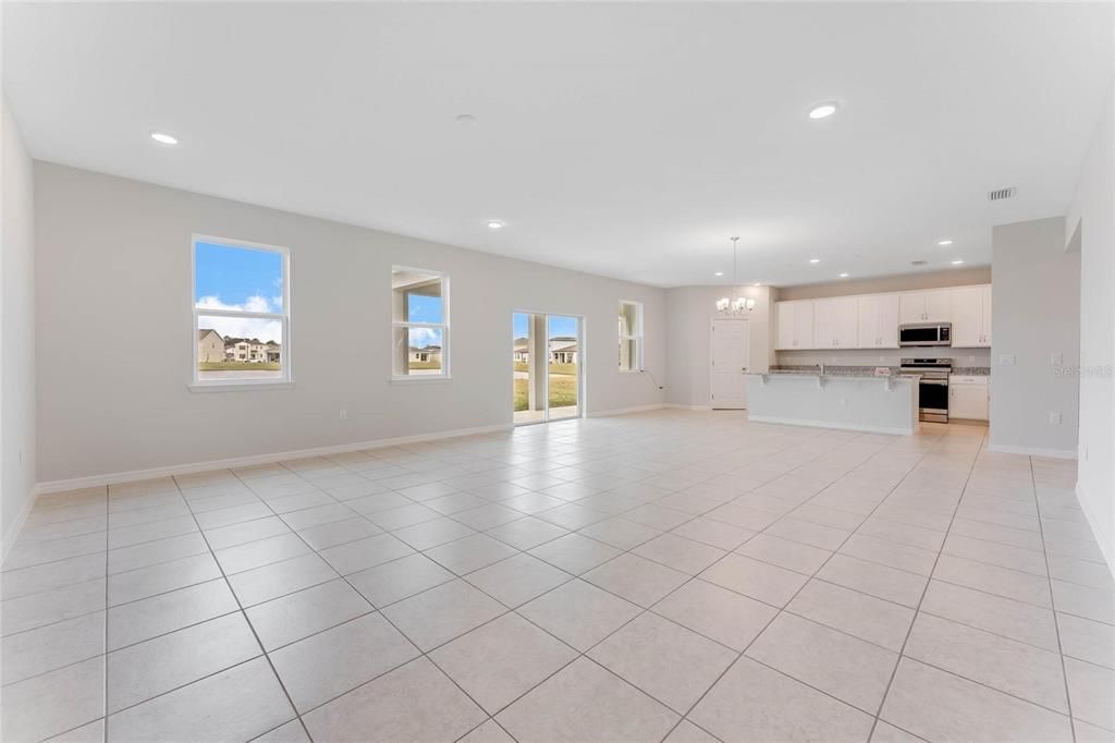 Chandelier, Empty room, Interior, Kitchen, Recessed Lighting, Stainless Steel Appliances