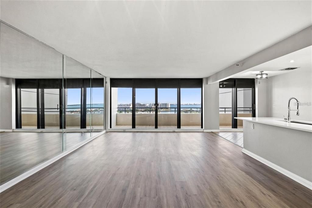 Empty room, Interior, Recessed Lighting, Water, Wood Texture Flooring