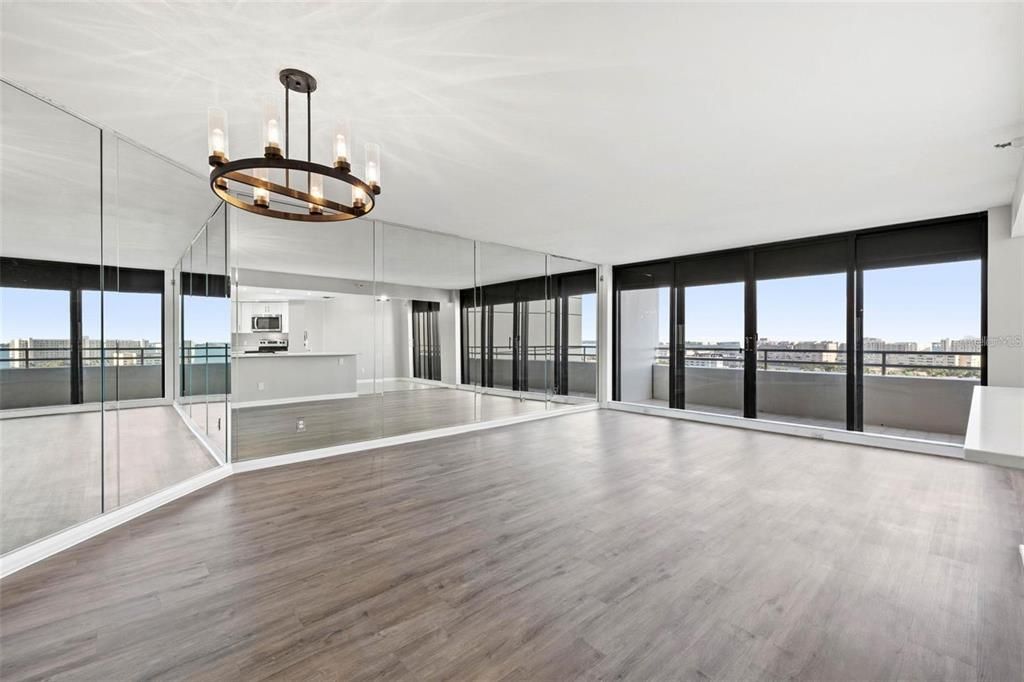 Chandelier, Empty room, Interior, Kitchen, Pendant Lights, Wood Texture Flooring