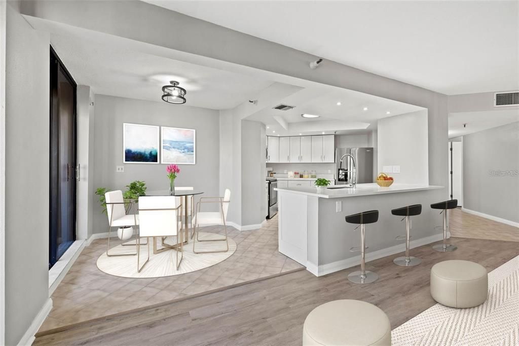 Dining room, Interior, Kitchen, Recessed Lighting, Stainless Steel Appliances, Wood Texture Flooring