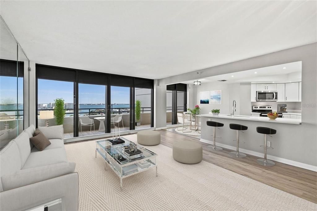 Interior, Kitchen, Living room, Recessed Lighting, Stainless Steel Appliances, Water, Wood Texture Flooring