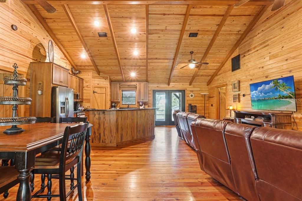 Dining room, Interior, Kitchen, Living room, Recessed Lighting, Wooden Beams, Wooden Ceilings, Wood Texture Flooring, Wooden Walls