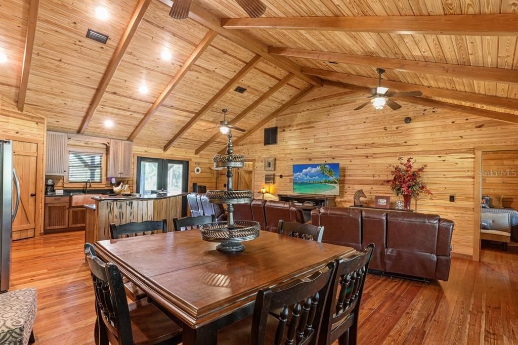 Dining room, Interior, Kitchen, Living room, Recessed Lighting, Wooden Beams, Wooden Ceilings, Wood Texture Flooring, Wooden Walls