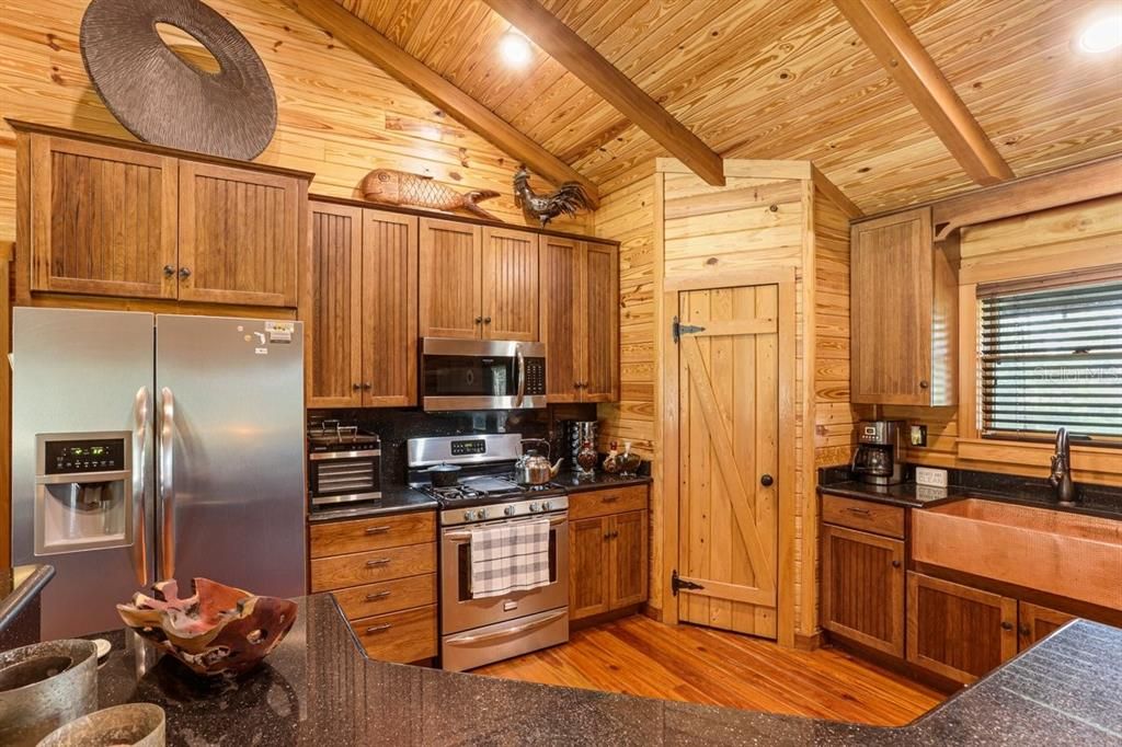 Interior, Kitchen, Recessed Lighting, Stainless Steel Appliances, Wooden Beams, Wooden Ceilings, Wood Texture Flooring, Wooden Walls
