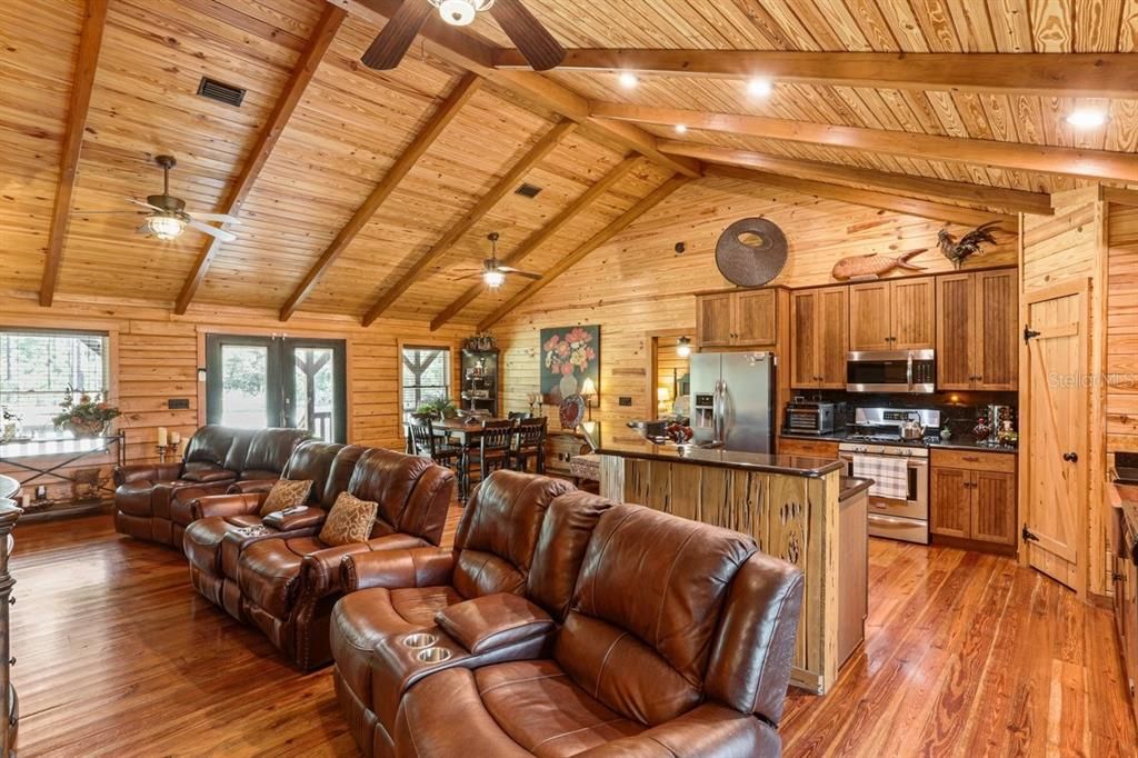 Dining room, Interior, Kitchen, Living room, Recessed Lighting, Wooden Beams, Wooden Ceilings, Wood Texture Flooring, Wooden Walls