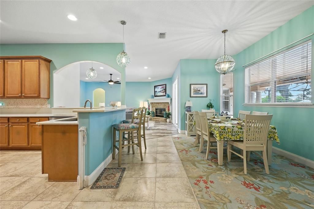 Dining room, Fireplace, Interior, Kitchen, Pendant Lights, Recessed Lighting